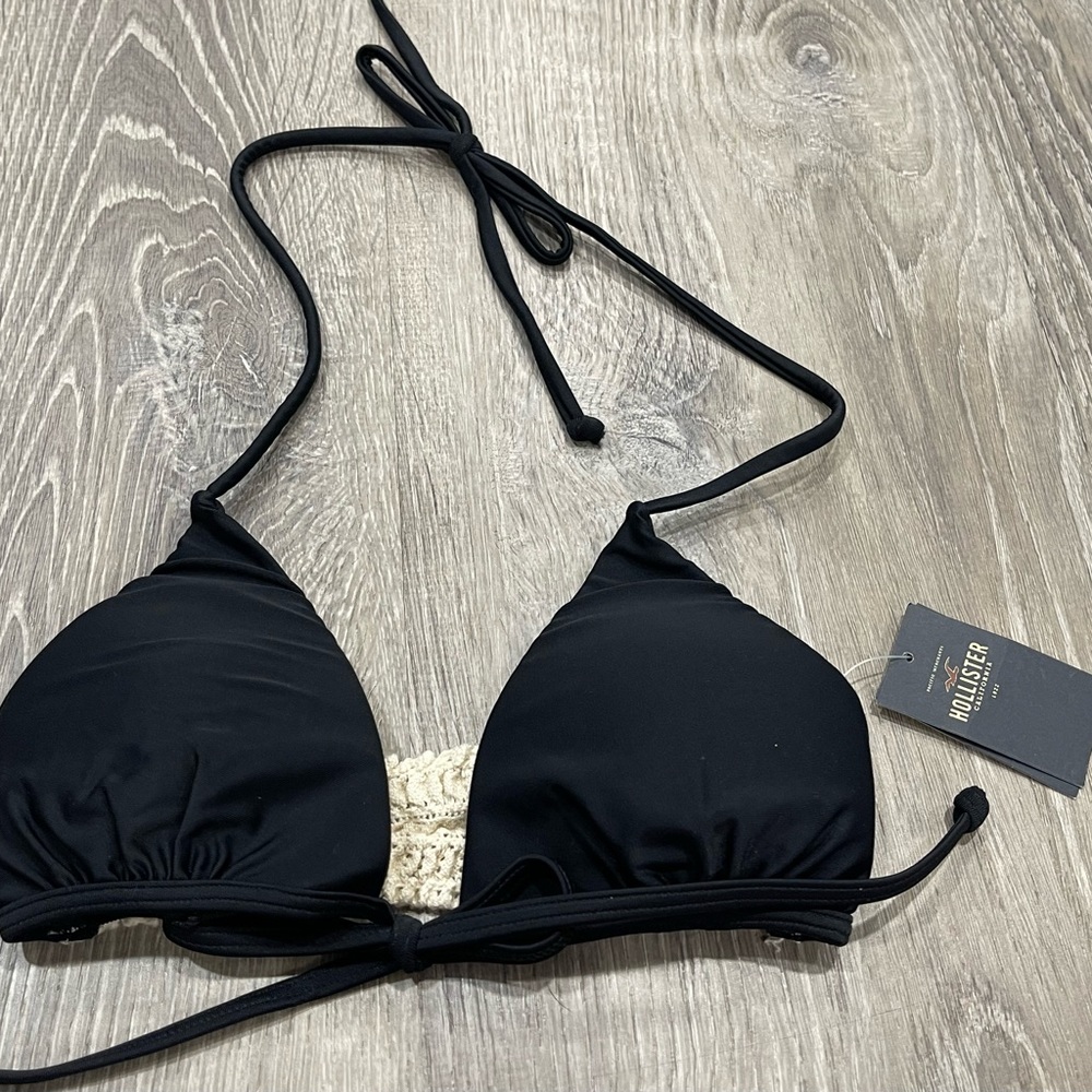 New Hollister Bikini Swim Top XS Black Cream B16 - Picture 1 of 2